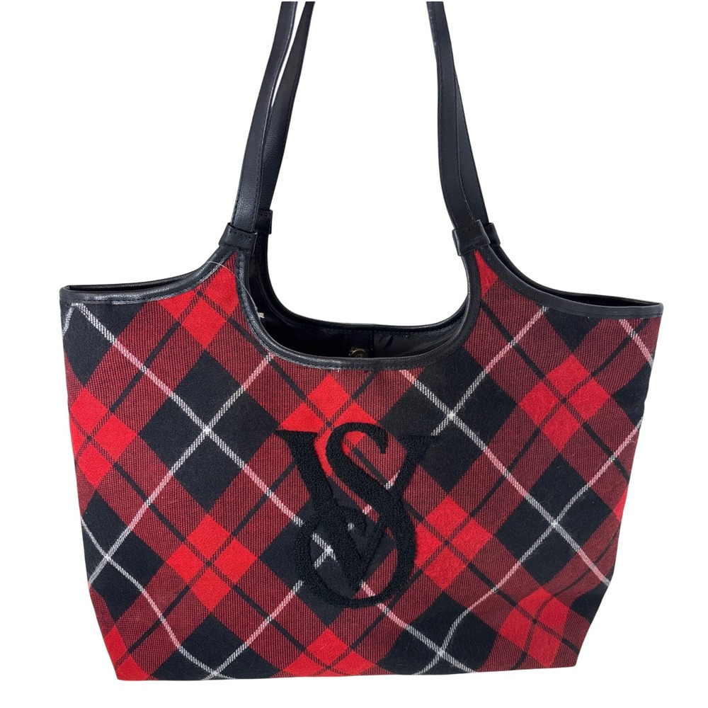 Victoria's Secret Red Black Tartan Plaid Tote Bag Christmas VS Logo NWT‎ 2023